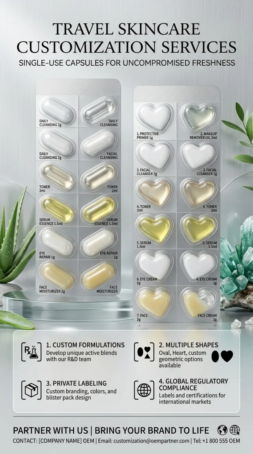 Travel skincare customization display with botanical styling