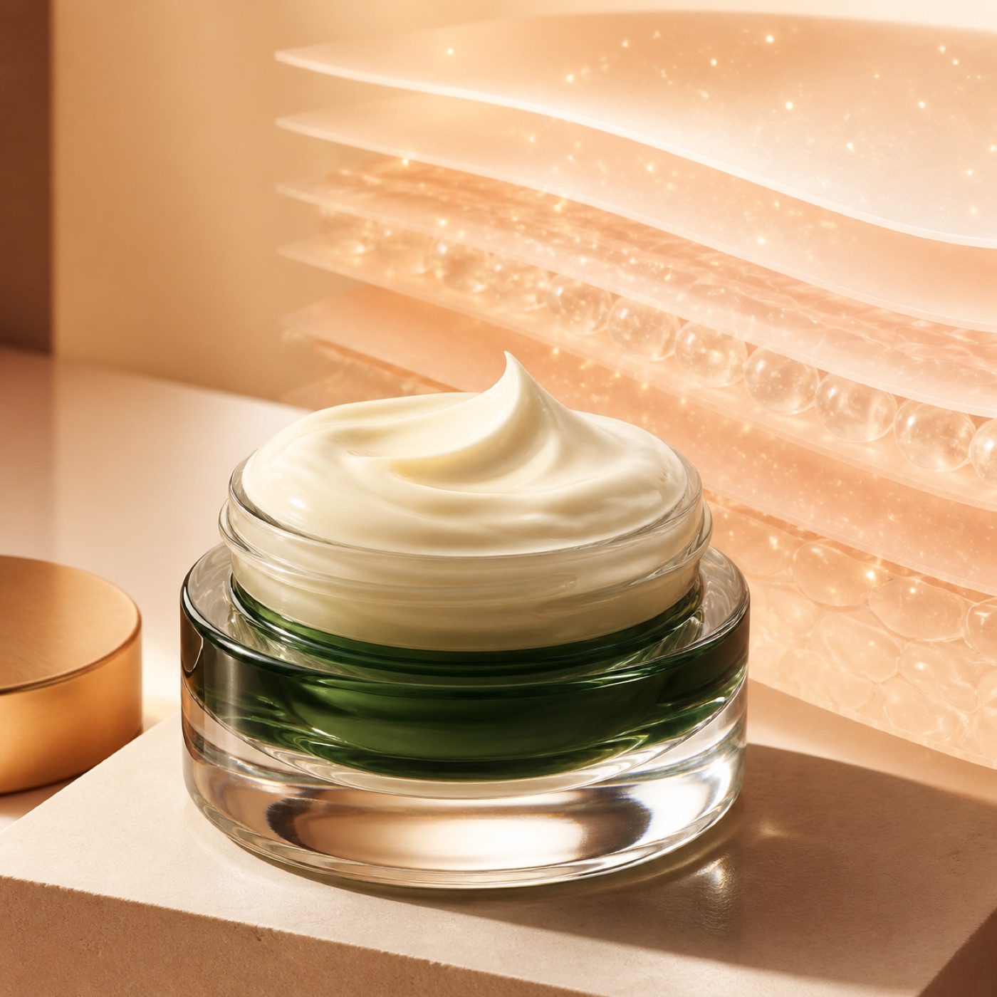 Premium targeted face cream with an abstract skin barrier layer visualization